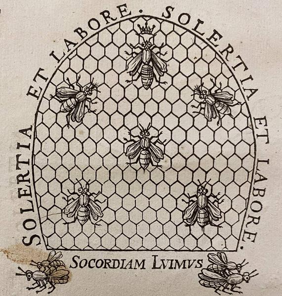 detail of the Feminine Monarchie frontespiece (1623) showing an illustration of a hive: a stylised series of hexagons with a few oversized bees over it. Around the hive the words: Solertia et Labore; below: Socordiam Lvimvs