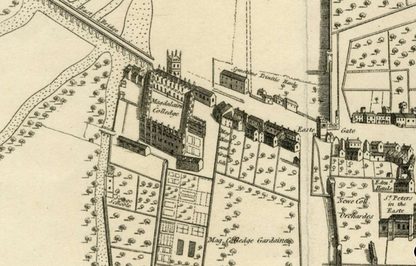 An engraving of a map showing magdalen college