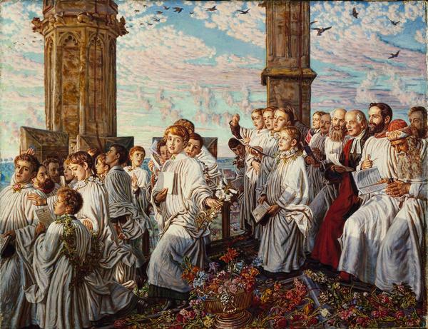 A painting of choristers in front of Magdalen tower