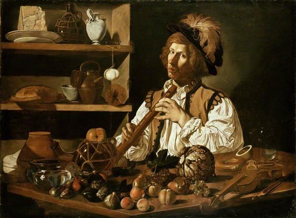 A painting of an Interior with a young Man holding a Recorder, by Cecco del Caravaggio (b.c.1589)