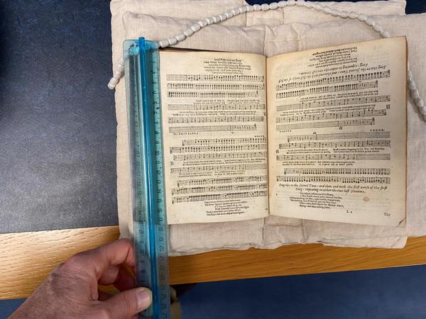 A hand using a ruler to measure the size of a page in butlers book