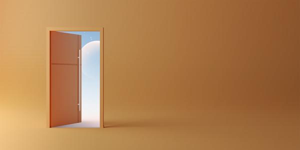 An open door to a dreamlike world on an orange wall