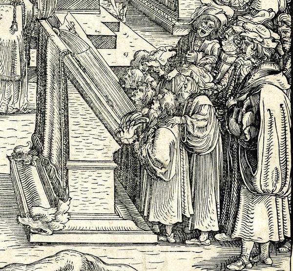 Detail of an engraving depicting a group of people singing from a single book on a large lectern