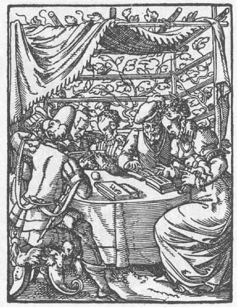 An early modern engraving depicting a group of singers around a table