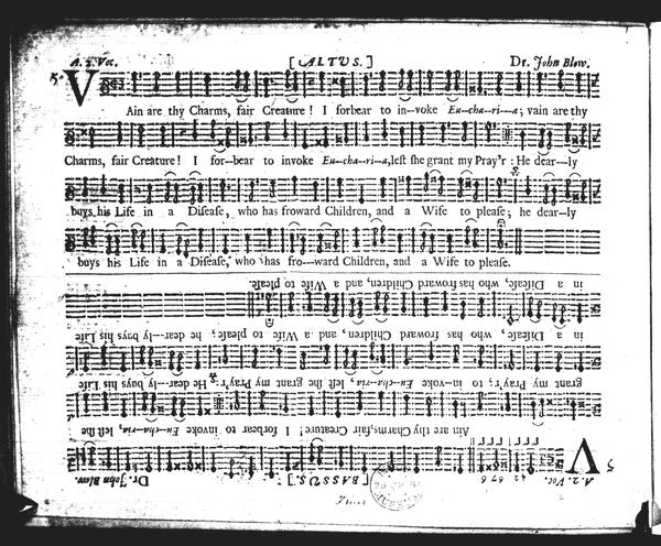 Facsimile of a music sheet in which there are two different voices written in separate staves, facing each other on the page.