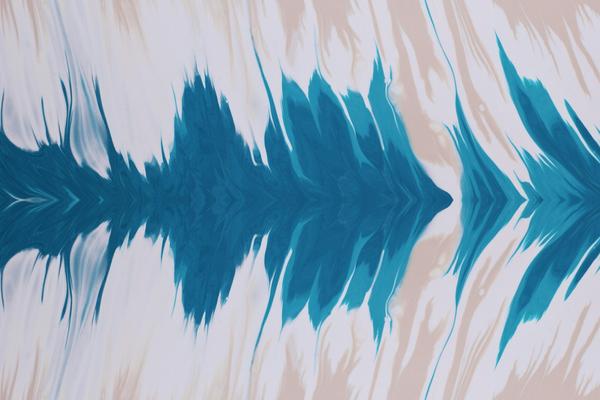 An abstract painting of soundwaves in blue and cream tones