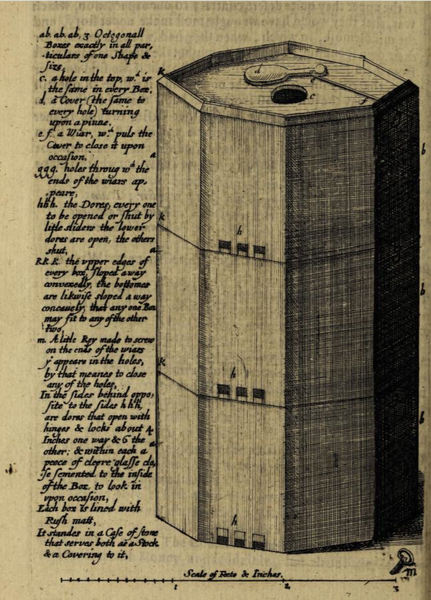 Sketch of a version of William Mewe's design for a modular hive with glass observation windows