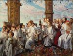 A painting of choristers in front of Magdalen tower