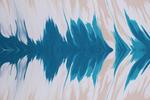 An abstract painting of soundwaves in blue and cream tones